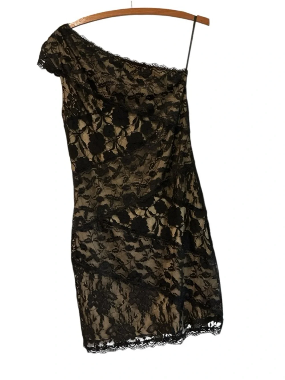 Onyx Nite Lace One Shoulder Dress Size 10 Black Nude Cocktail Elegant - Picture 4 of 8